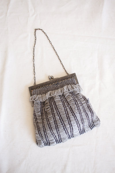 1920s Grey Beaded Metal Chain Handbag