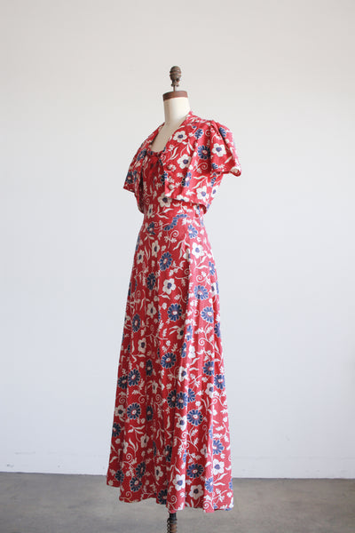 1930s Berry Barkcloth Floral Print Dress Set