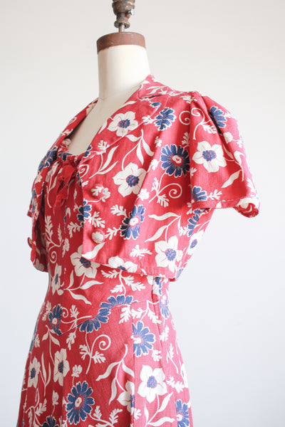 1930s Berry Barkcloth Floral Print Dress Set