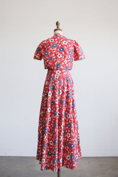 1930s Berry Barkcloth Floral Print Dress Set