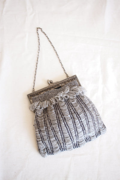 1920s Grey Beaded Metal Chain Handbag