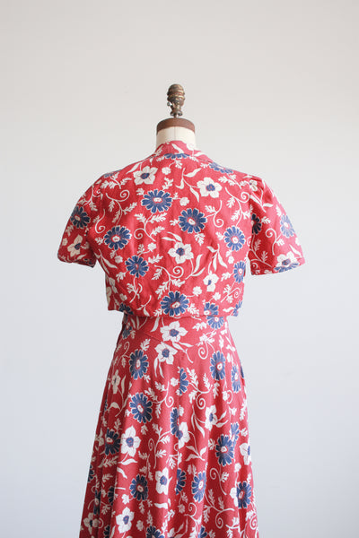 1930s Berry Barkcloth Floral Print Dress Set