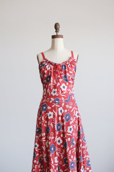 1930s Berry Barkcloth Floral Print Dress Set