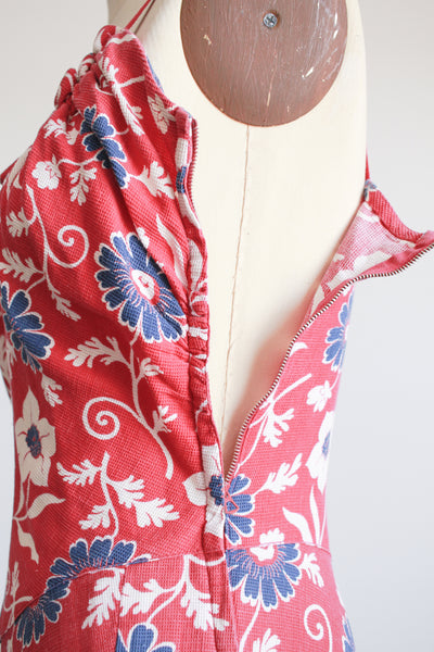 1930s Berry Barkcloth Floral Print Dress Set