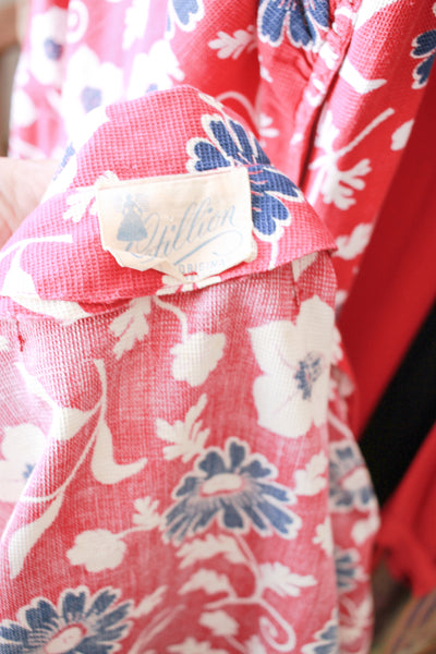 1930s Berry Barkcloth Floral Print Dress Set
