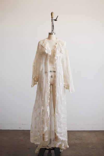 1930s White Organza Foliage Embroidered Duster
