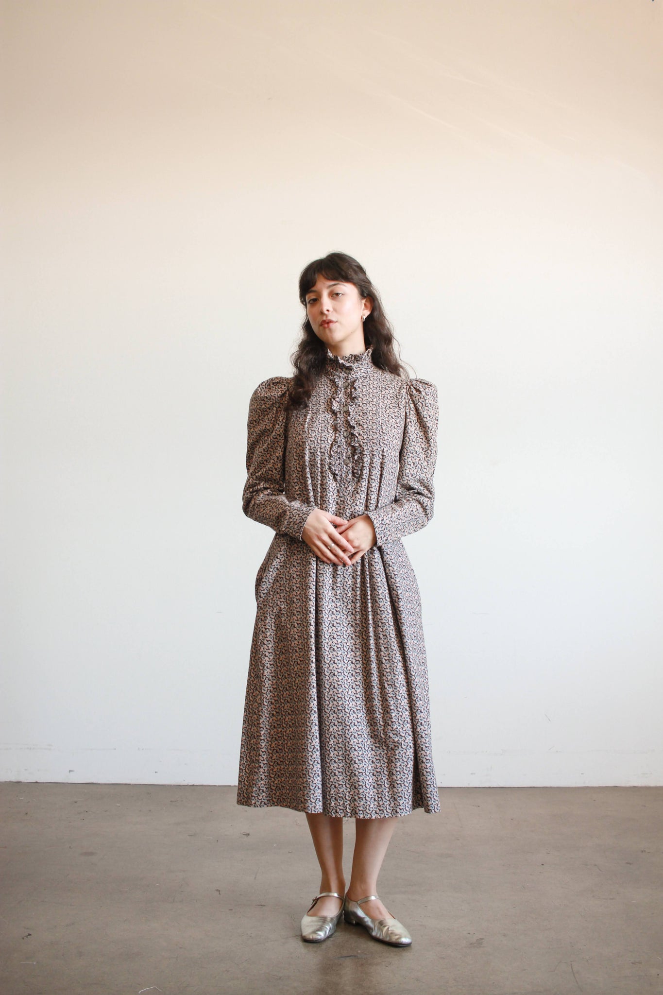 laura ashley cotton dresses Laura Ashley Cream and Brown Floral Print Dress Eveliina Vintage