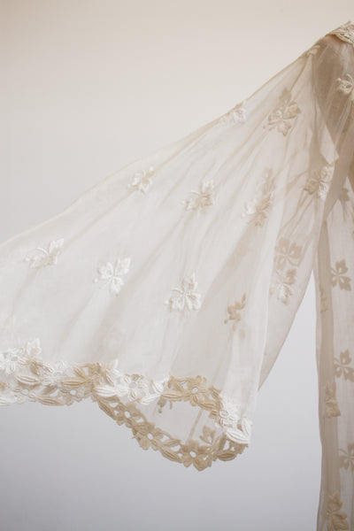 1930s White Organza Foliage Embroidered Duster