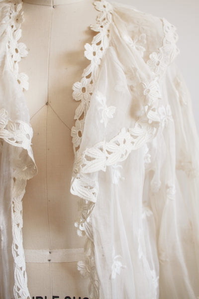 1930s White Organza Foliage Embroidered Duster