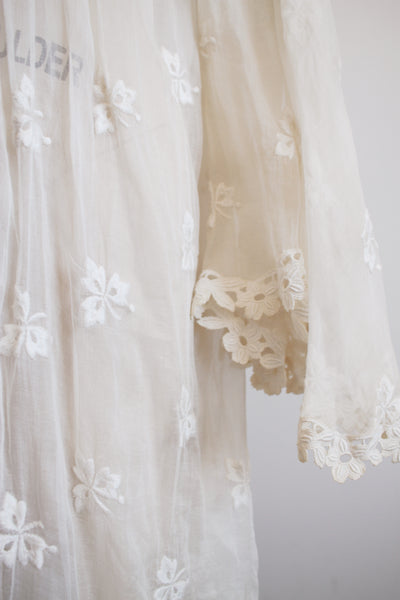 1930s White Organza Foliage Embroidered Duster