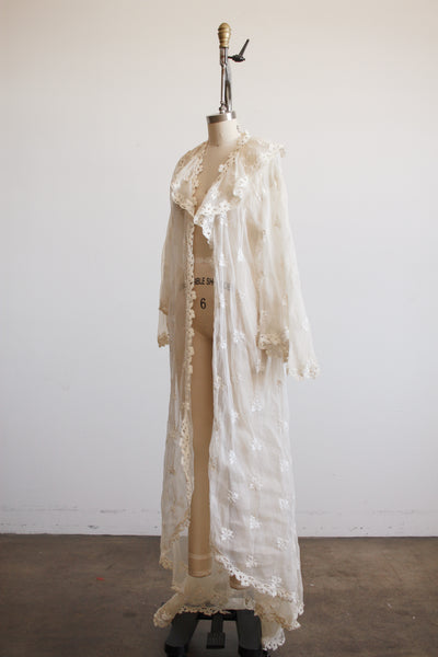 1930s White Organza Foliage Embroidered Duster