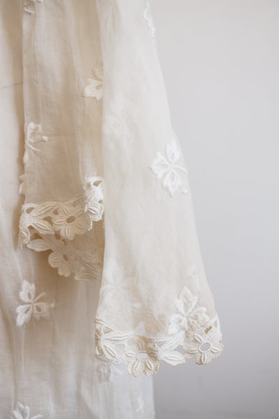 1930s White Organza Foliage Embroidered Duster