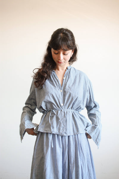 1900s Blue Cotton Gingham Skirt Set Top