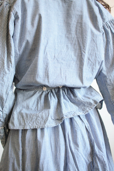 1900s Blue Cotton Gingham Skirt Set Top