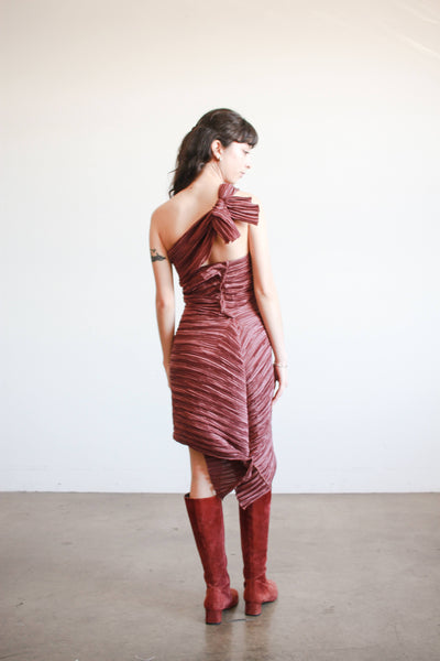 1980s Mary McFadden Plum Plisse Halter Dress