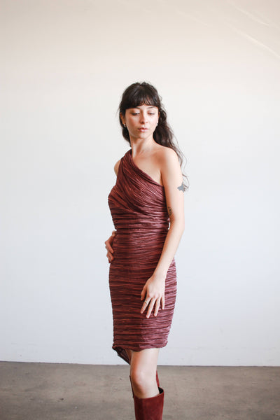 1980s Mary McFadden Plum Plisse Halter Dress