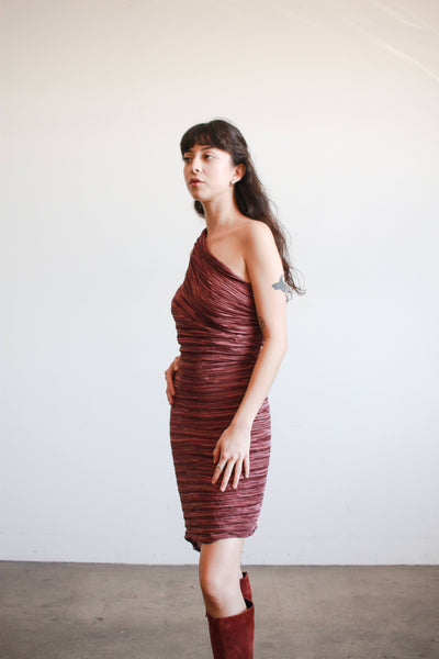 1980s Mary McFadden Plum Plisse Halter Dress