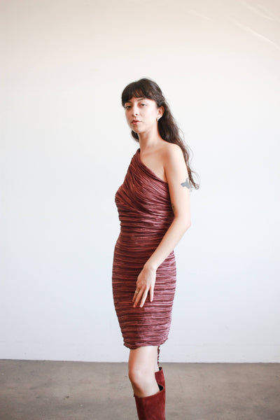 1980s Mary McFadden Plum Plisse Halter Dress