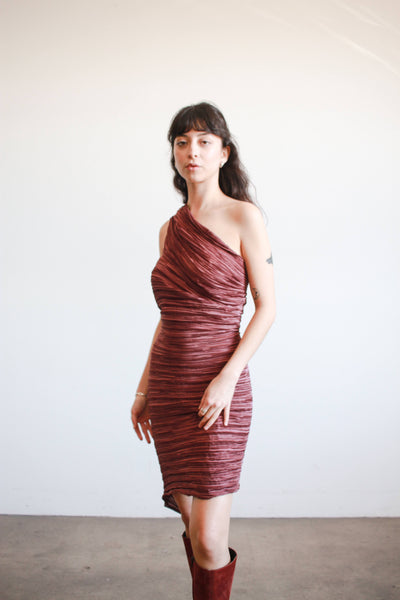 1980s Mary McFadden Plum Plisse Halter Dress