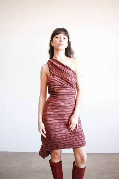 1980s Mary McFadden Plum Plisse Halter Dress