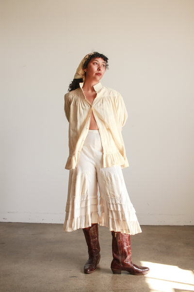 Antique Cream Wool Puff Sleeve Button Up Blouse