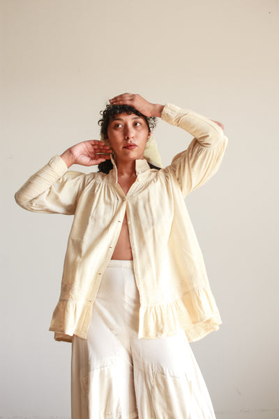 Antique Cream Wool Puff Sleeve Button Up Blouse