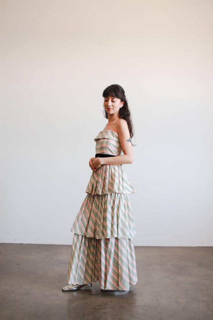 1950s Green and Pink Striped Cotton Tiered Strapless Dress – Blossom Vintage