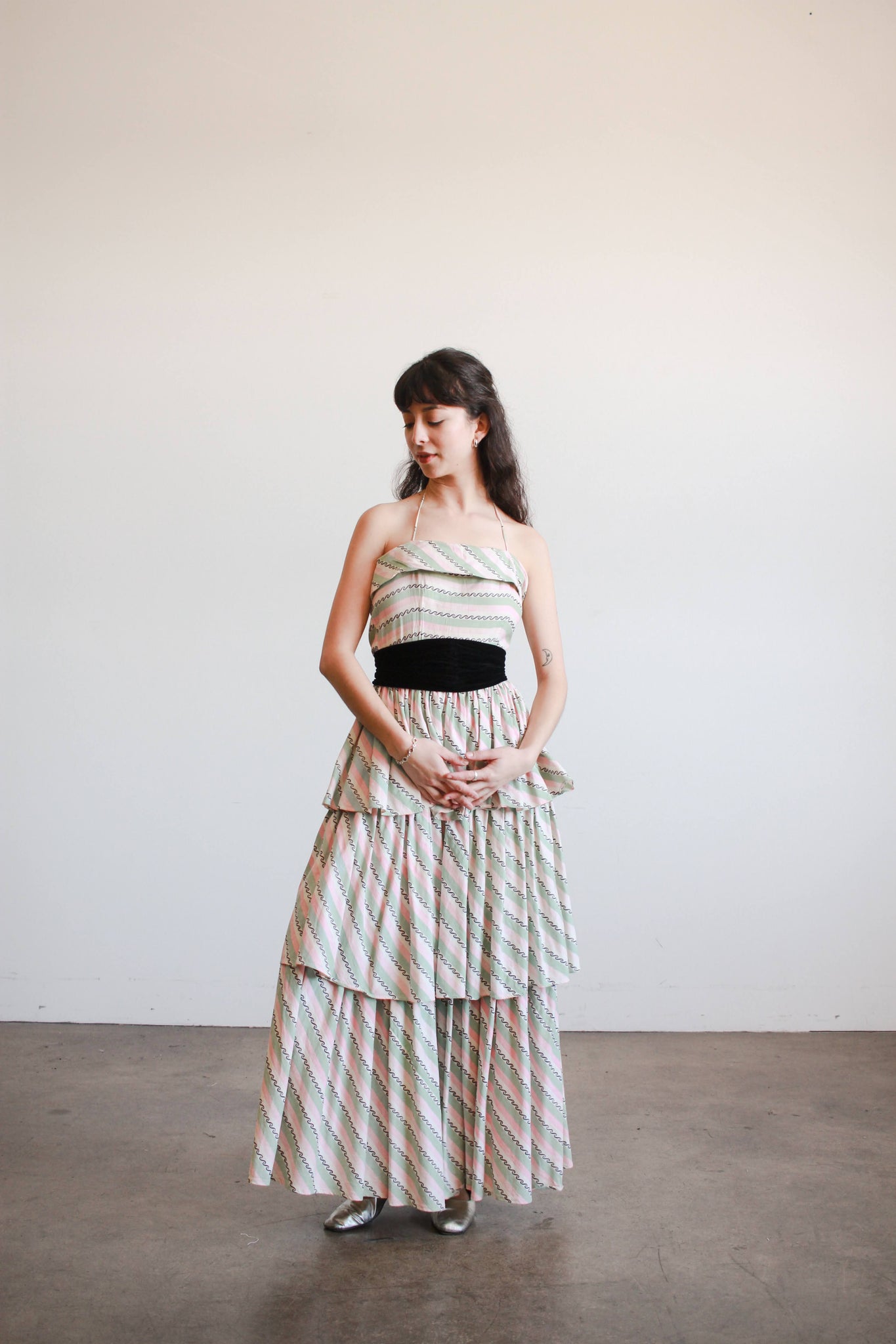 1950s Green and Pink Striped Cotton Tiered Strapless Dress Blossom Vintage 1950s Green and Pink Striped Cotton Tiered Strapless Dress Blossom Vintage