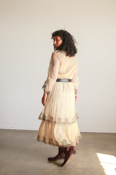 Edwardian Beige Net Lace Embroidered Tea Gown