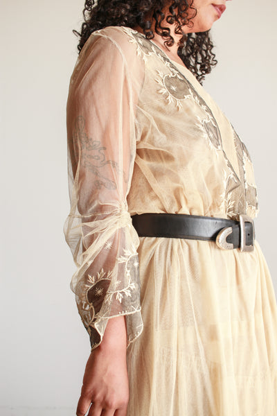 Edwardian Beige Net Lace Embroidered Tea Gown
