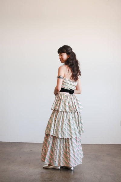 1950s Green and Pink Striped Cotton Tiered Strapless Dress