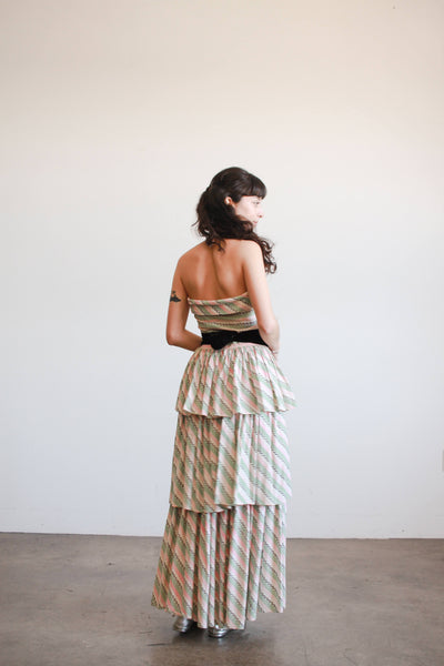 1950s Green and Pink Striped Cotton Tiered Strapless Dress