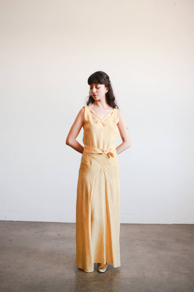 1930s Yellow Woodgrain Taffeta Bias Cut Dress