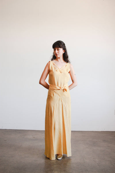 1930s Yellow Woodgrain Taffeta Bias Cut Dress