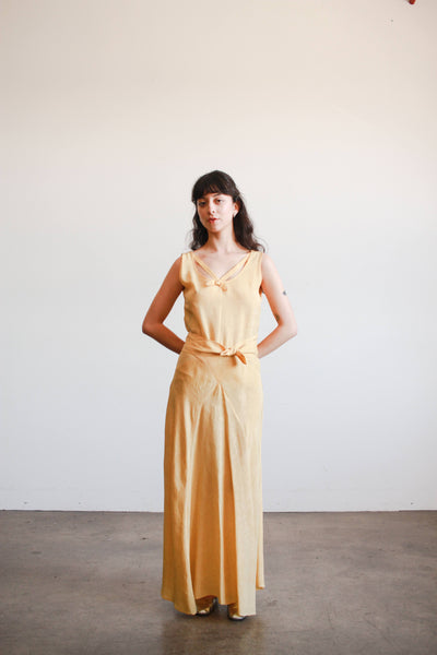 1930s Yellow Woodgrain Taffeta Bias Cut Dress