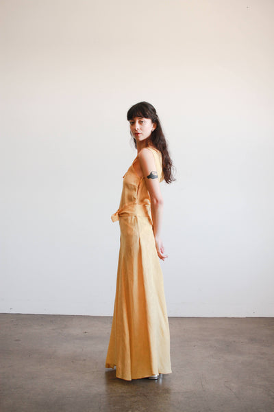 1930s Yellow Woodgrain Taffeta Bias Cut Dress