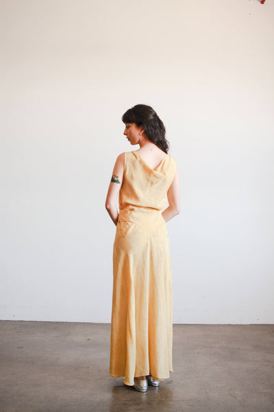 1930s Yellow Woodgrain Taffeta Bias Cut Dress