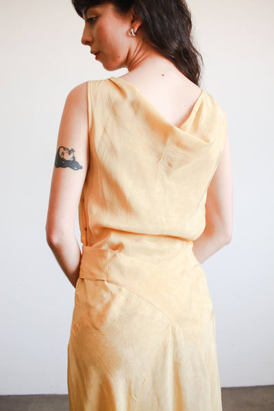 1930s Yellow Woodgrain Taffeta Bias Cut Dress