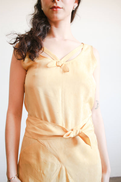 1930s Yellow Woodgrain Taffeta Bias Cut Dress