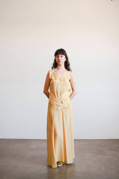 1930s Yellow Woodgrain Taffeta Bias Cut Dress