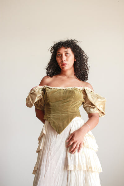 Antique Moss Satin Velvet Corset Blouse