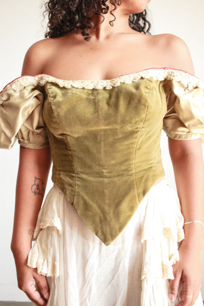 Antique Moss Satin Velvet Corset Blouse