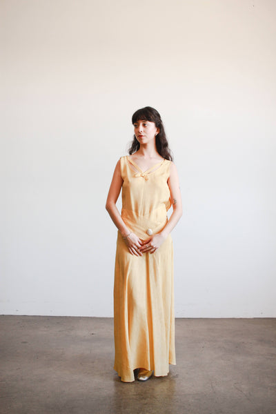 1930s Yellow Woodgrain Taffeta Bias Cut Dress