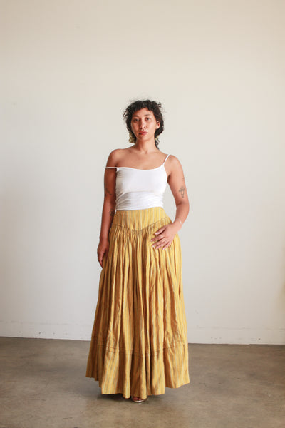 Antique Mustard Linen Striped Accordion Pleat Skirt