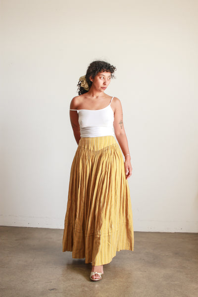 Antique Mustard Linen Striped Accordion Pleat Skirt