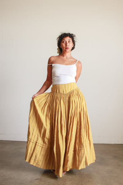 Antique Mustard Linen Striped Accordion Pleat Skirt