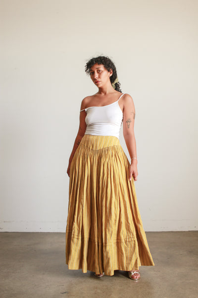 Antique Mustard Linen Striped Accordion Pleat Skirt