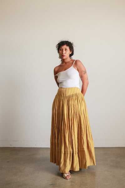 Antique Mustard Linen Striped Accordion Pleat Skirt
