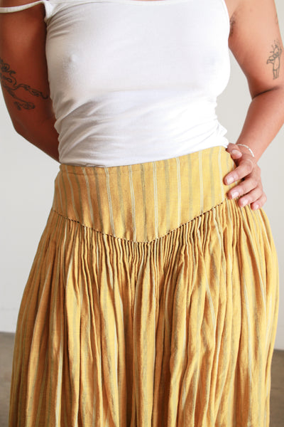 Antique Mustard Linen Striped Accordion Pleat Skirt