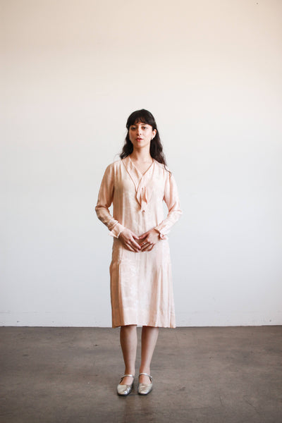 1920s Blush Damask Drop Waist Collared Dress